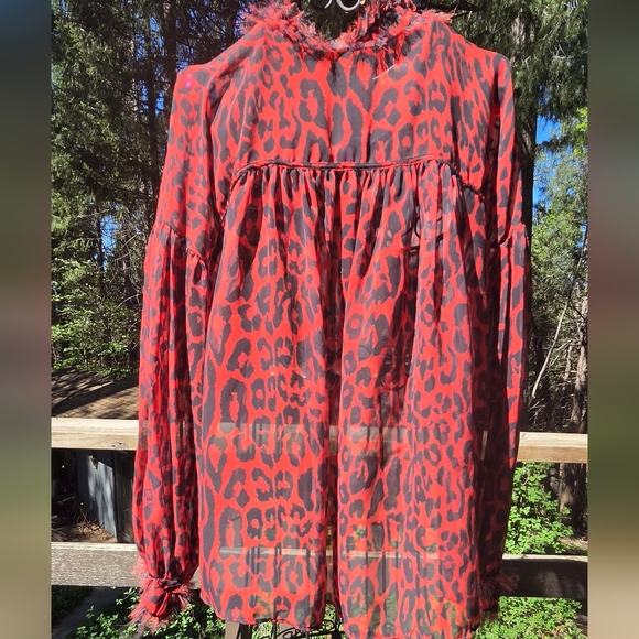 Zara 1975 Jeans Collection Red&Black Leopard Print Sheer Long Sleeve Blouse SzM - Picture 5 of 10